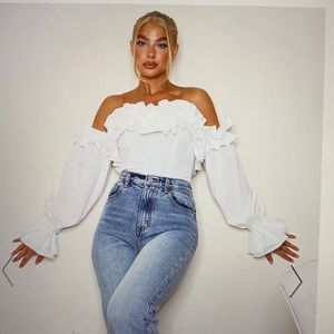 Ruffle Hem White Long Sleeve Ruffle Top White Ruffle Hem Off